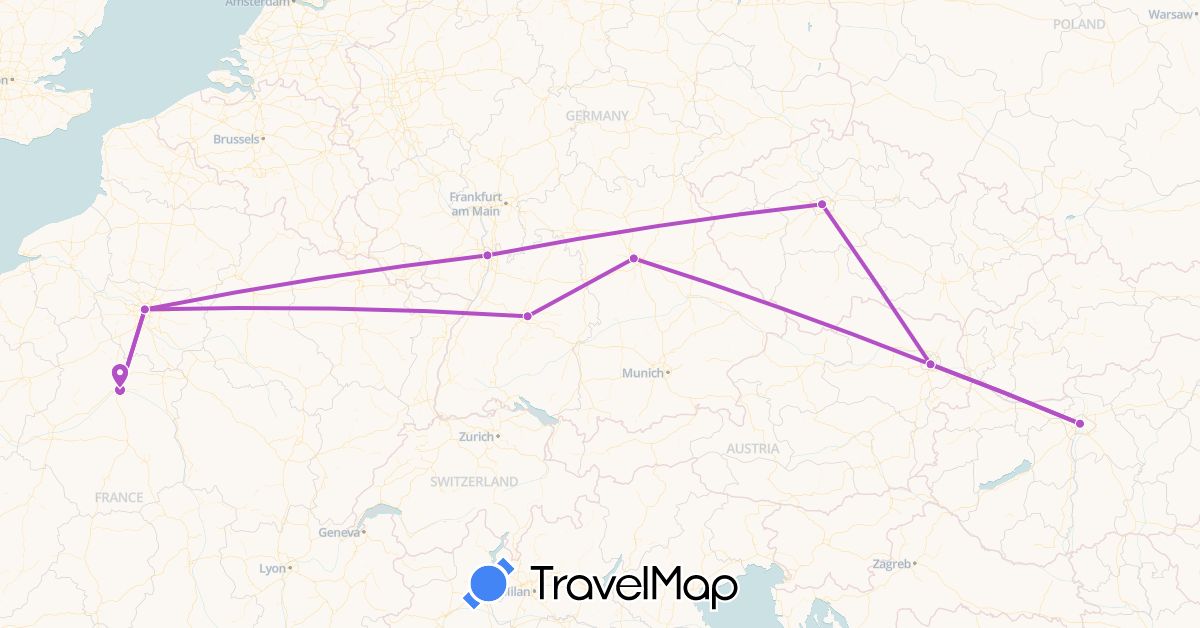 TravelMap itinerary: driving, train in Austria, Czech Republic, Germany, France, Hungary (Europe)